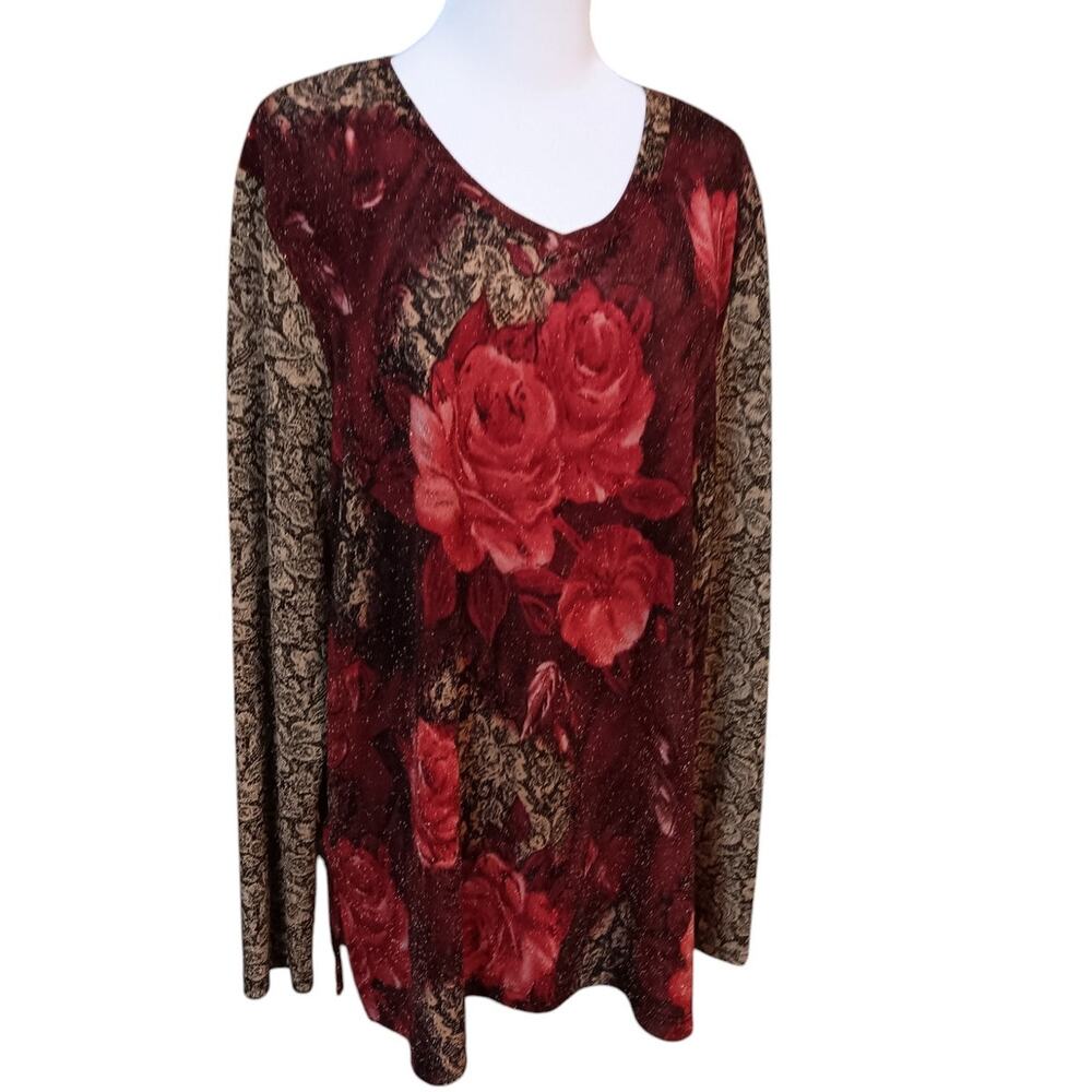 VINTAGE STONEBRIDGE Top Blouse Shirt Roses Floral Sparkles‎ Size XL Red Gold